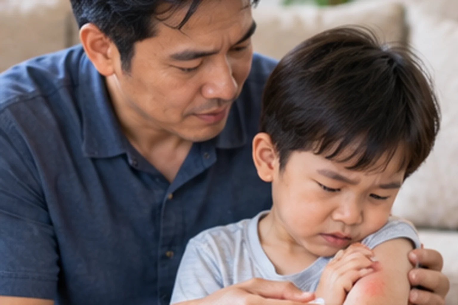 คุณพ่อดูแลลูกชายที่มีอาการไม่สบายเล็กน้อยที่บ้าน สื่อถึงการดูแลเด็กเมื่อเจ็บป่วย