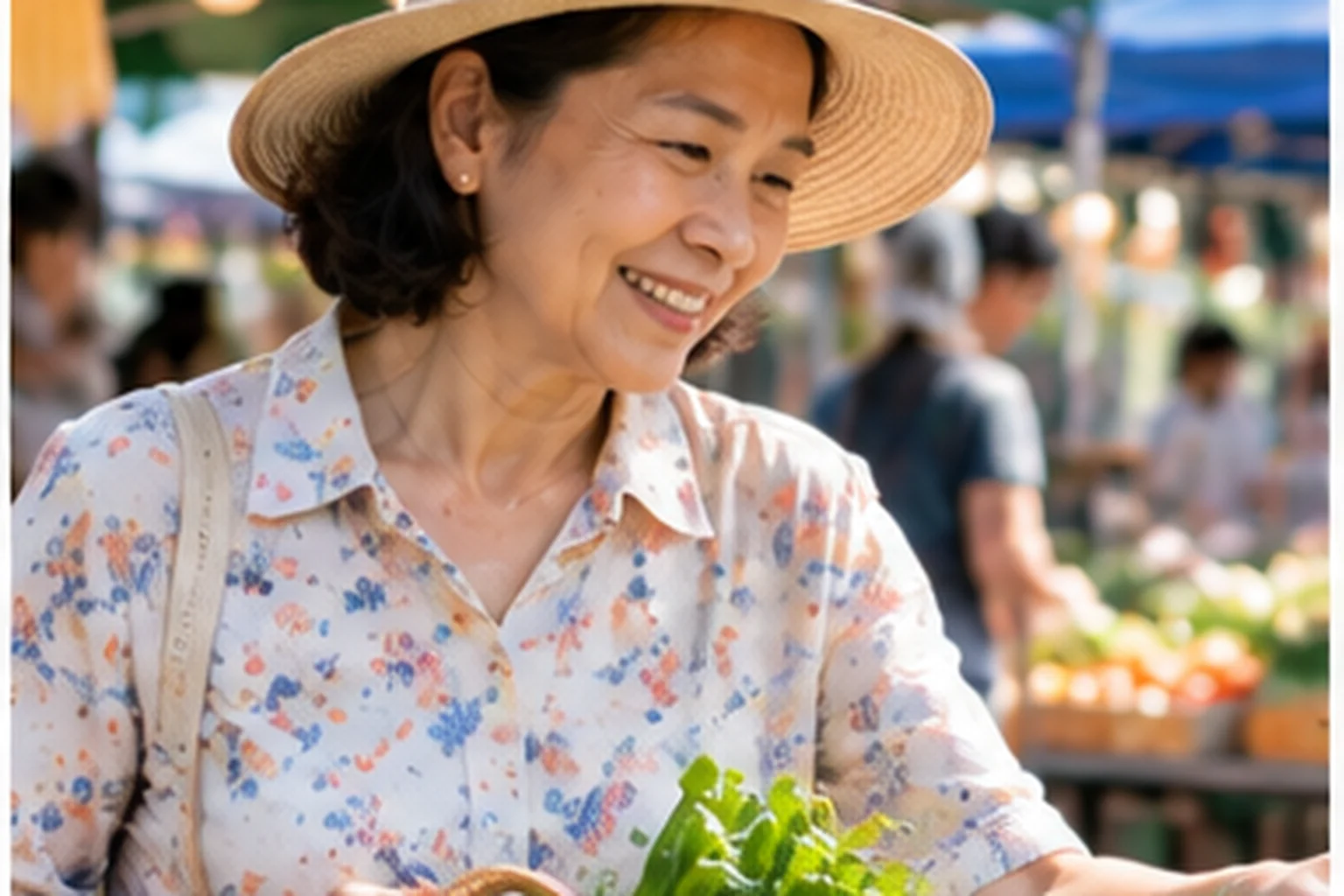 หญิงสูงวัยเลือกผักสดที่ตลาด สื่อถึงการเลือกอาหารอย่างใส่ใจสำหรับผู้ป่วยมะเร็งและผู้ดูแล