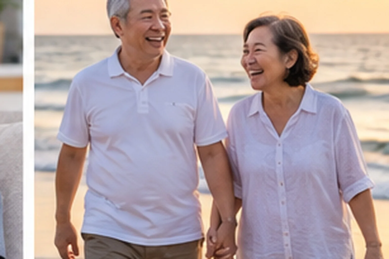 คู่รักเดินคุยกันริมทะเลอย่างผ่อนคลาย สื่อถึงการสื่อสาร ความใกล้ชิด และความสบายใจในชีวิตคู่