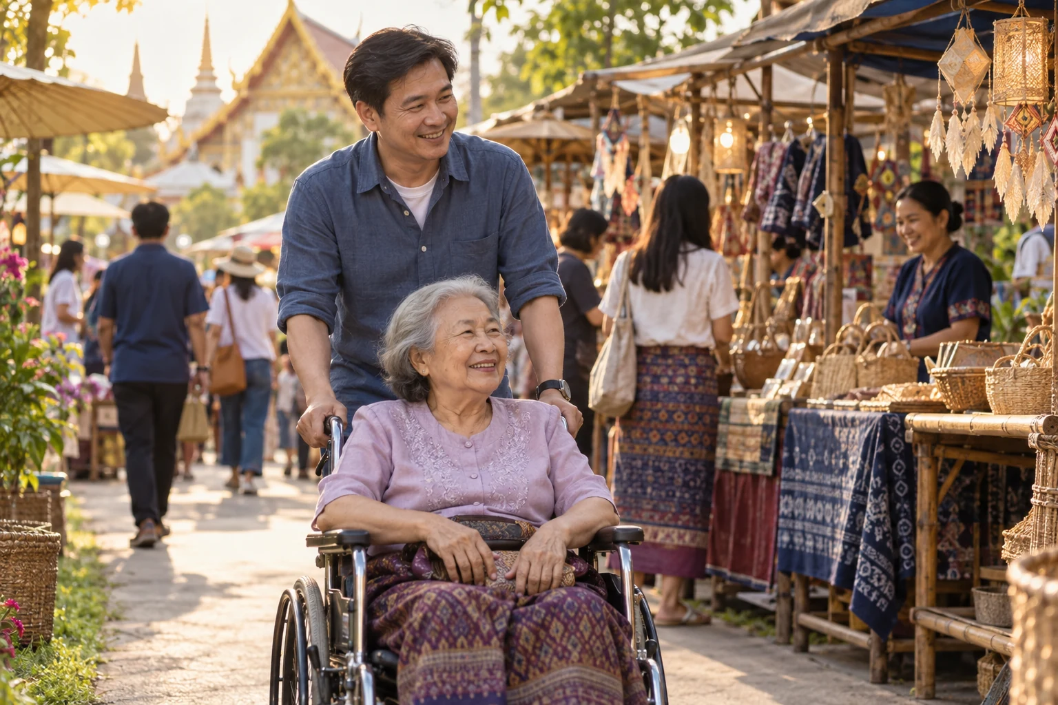ลูกชายเข็นรถพาคุณแม่สูงวัยชมงานหัตถกรรมไทยในช่วงบ่าย