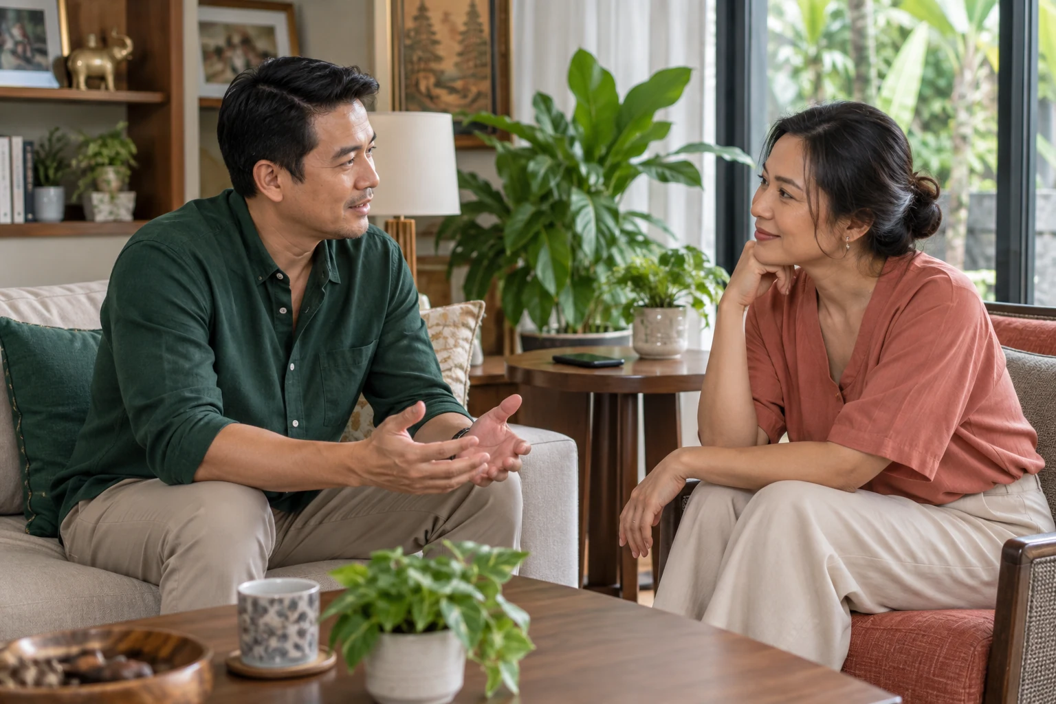 คู่รักผู้ใหญ่ชาวไทยนั่งพูดคุยและรับฟังกันในห้องนั่งเล่น โดยวางโทรศัพท์ไว้ด้านข้าง
