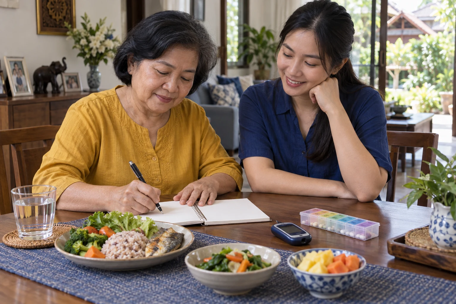 หญิงสูงวัยชาวไทยและลูกสาวทบทวนมื้ออาหาร ยาประจำ เครื่องตรวจน้ำตาล และแผนทดลองหนึ่งสัปดาห์ร่วมกัน