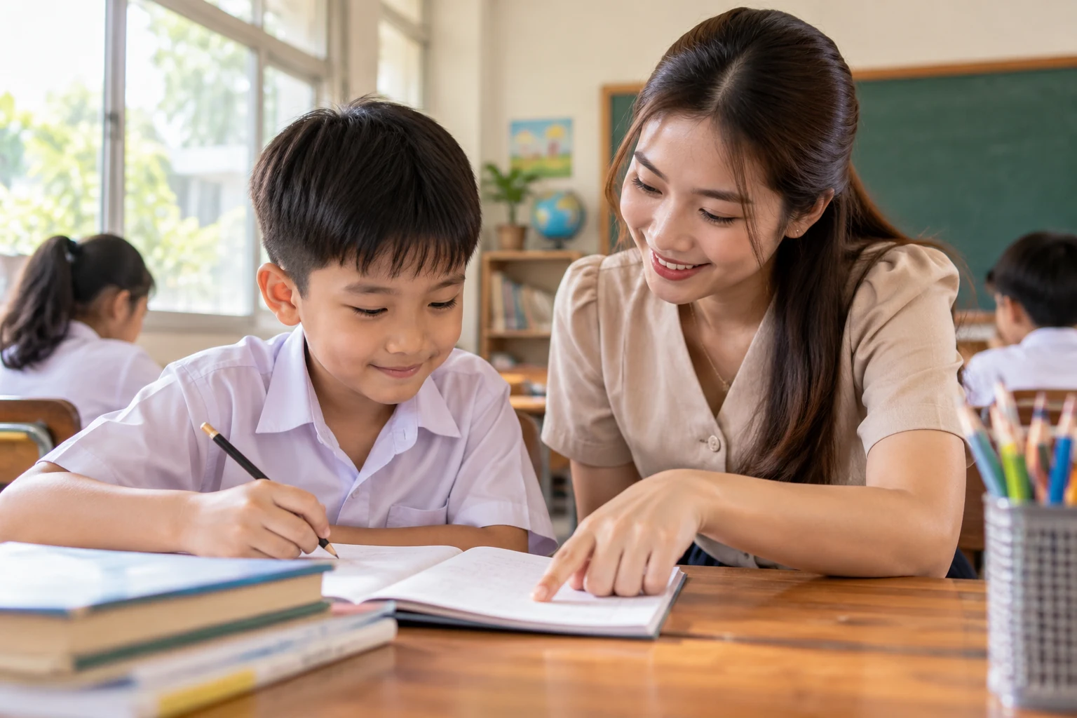 ครูนั่งข้างเด็กชายวัยประถมและช่วยดูสมุดในห้องเรียน
