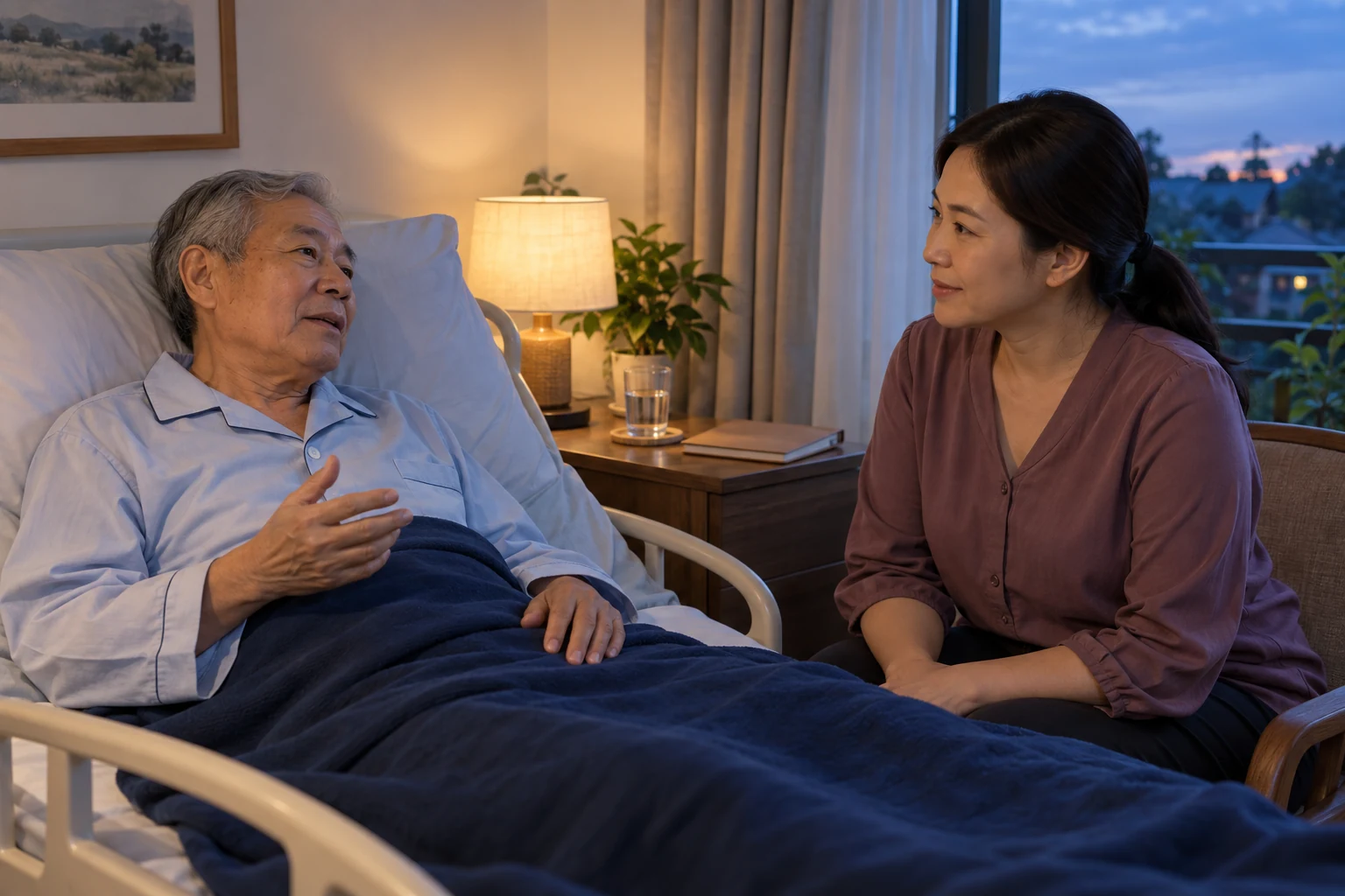ชายสูงวัยพูดคุยกับลูกสาวข้างเตียงในช่วงเย็น โดยมีสมุดบันทึกและโคมไฟอยู่ใกล้มือ