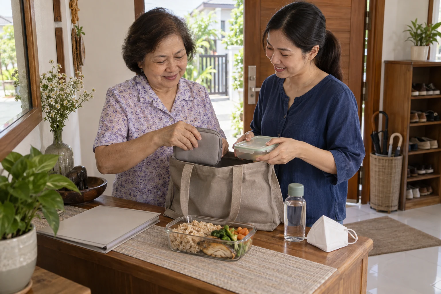 หญิงไทยสูงวัยกับลูกสาวช่วยกันจัดกระเป๋าอาหาร น้ำ และของใช้สุขภาพก่อนออกเดินทาง