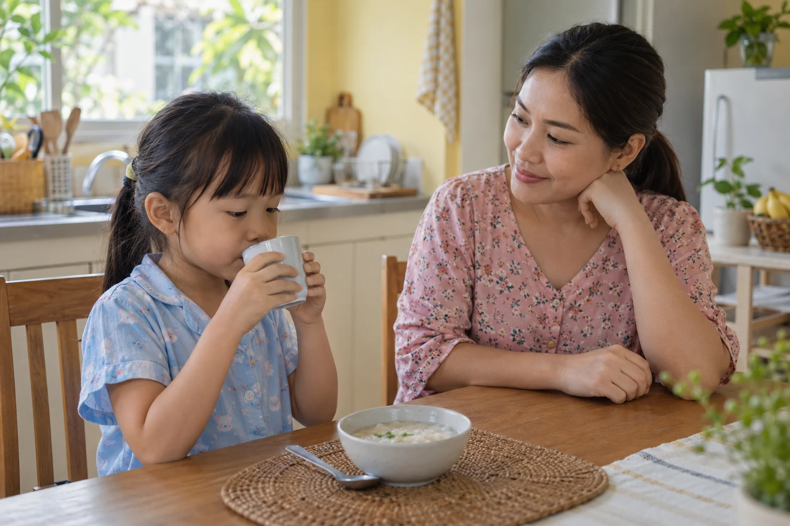 A Thai mother watches calmly as her daughter takes a small sip from a cup beside a bowl of soft rice porridge.