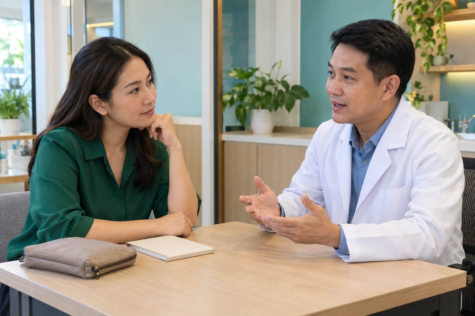 A Thai woman discusses her questions with a pharmacist at a consultation desk, with a notebook and closed pouch nearby.