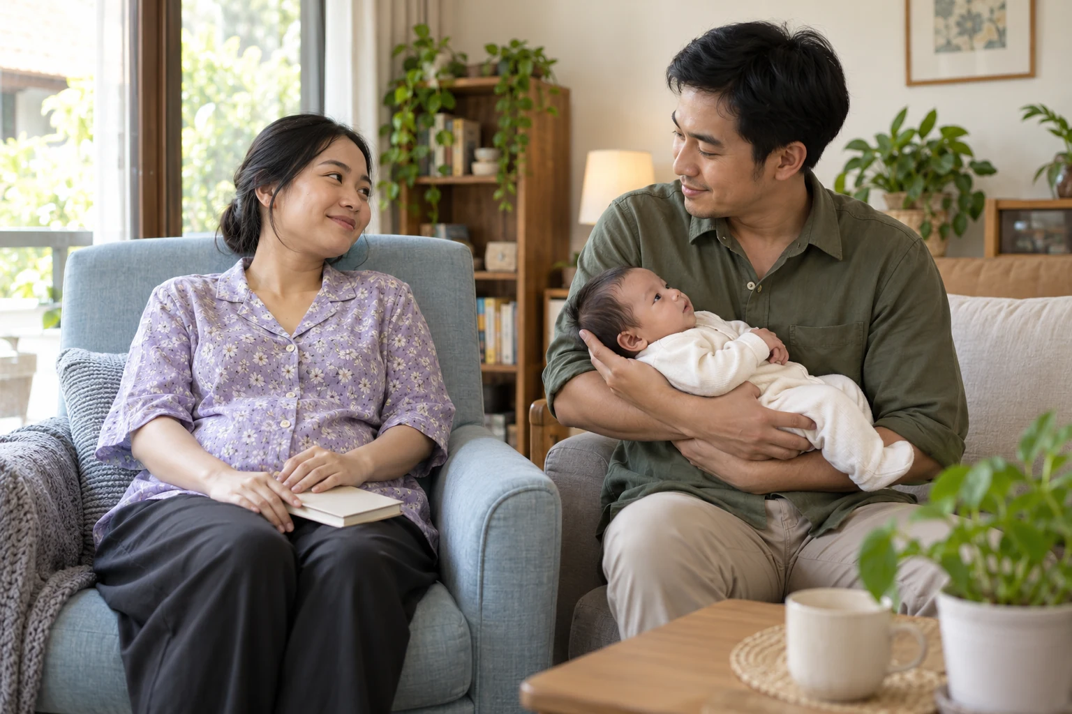 คุณแม่ชาวไทยนั่งพักบนเก้าอี้ ขณะที่คู่ของเธอช่วยอุ้มลูกน้อยอยู่ข้าง ๆ