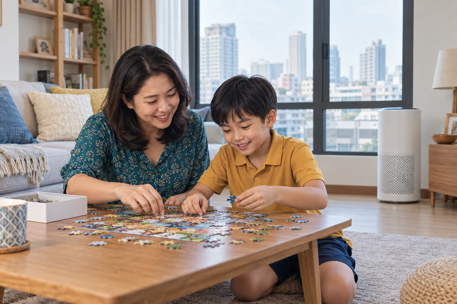 A Thai mother and child assemble a jigsaw indoors, with closed windows and a portable air purifier nearby.