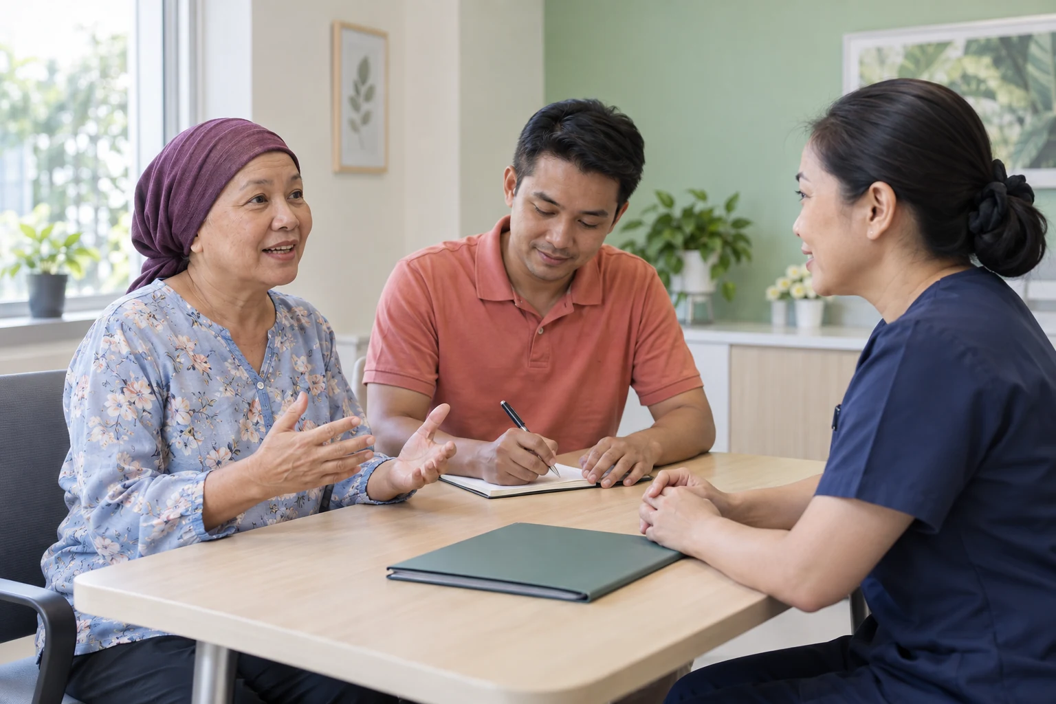 A Thai woman wearing a headscarf speaks with a nurse while a family member takes notes.