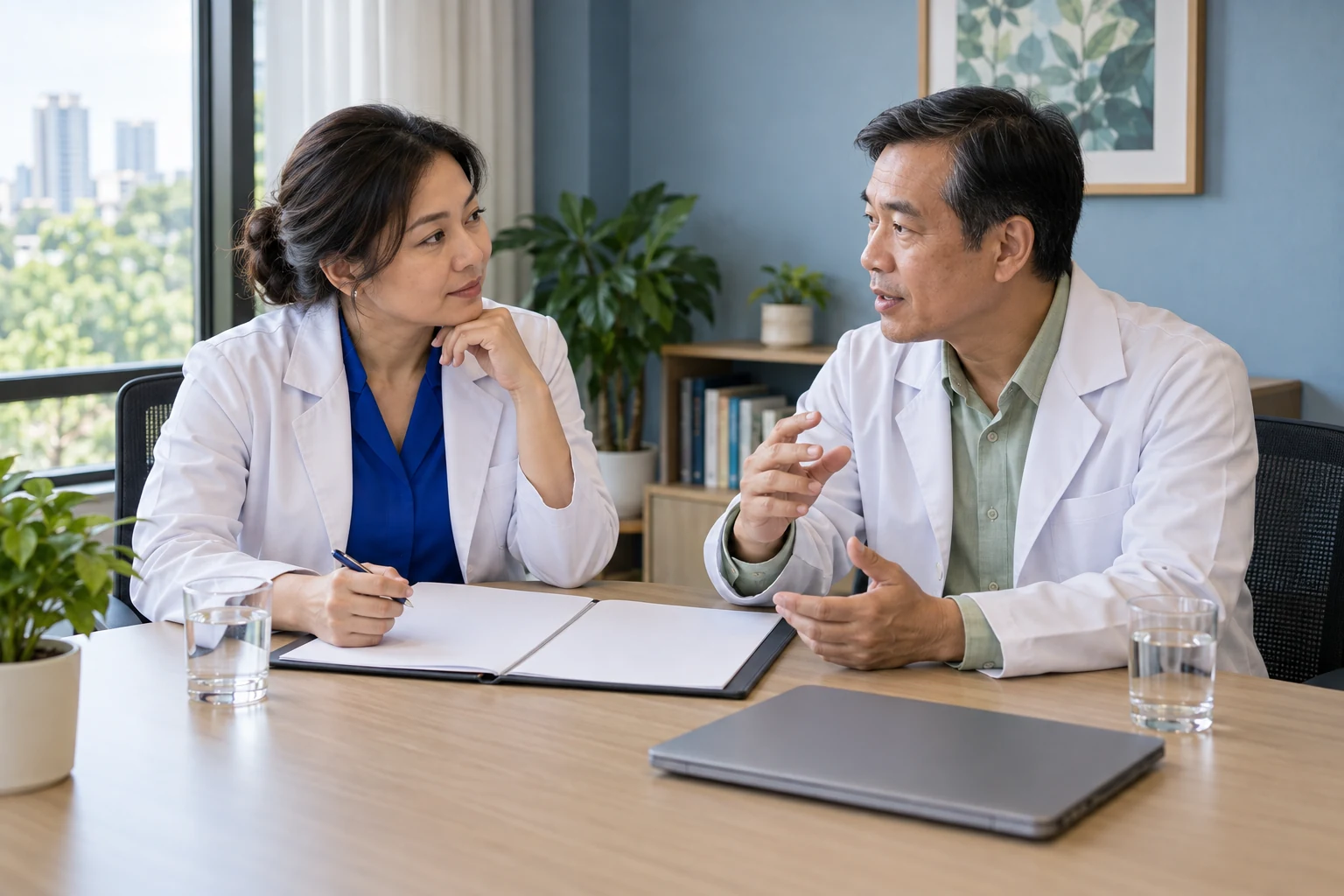 Two Thai healthcare professionals discuss notes at a meeting table, with a closed laptop beside them.