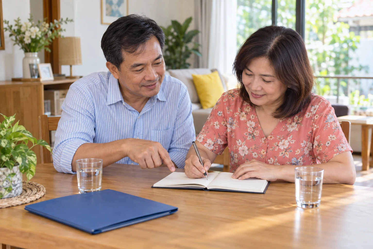 A Thai couple reviews a notebook together at home, with water glasses and a closed folder on the table.