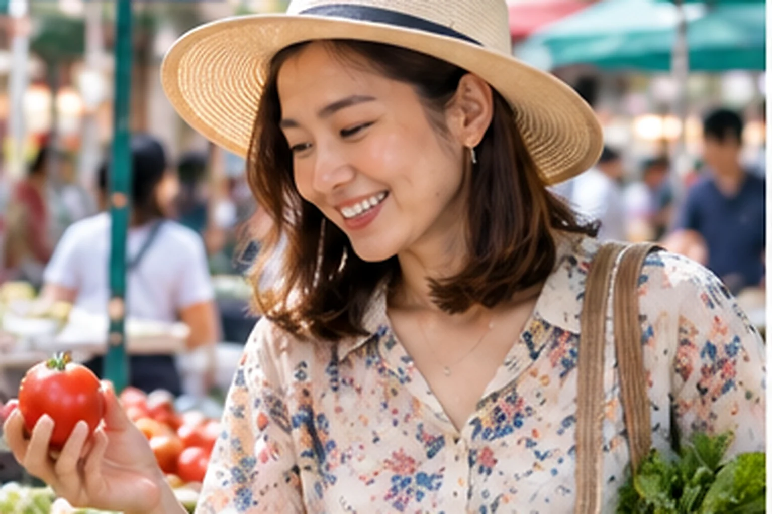 หญิงไทยเลือกผักสดที่ตลาดเพื่อวางแผนอาหารที่หลากหลายสำหรับสุขภาพลำไส้