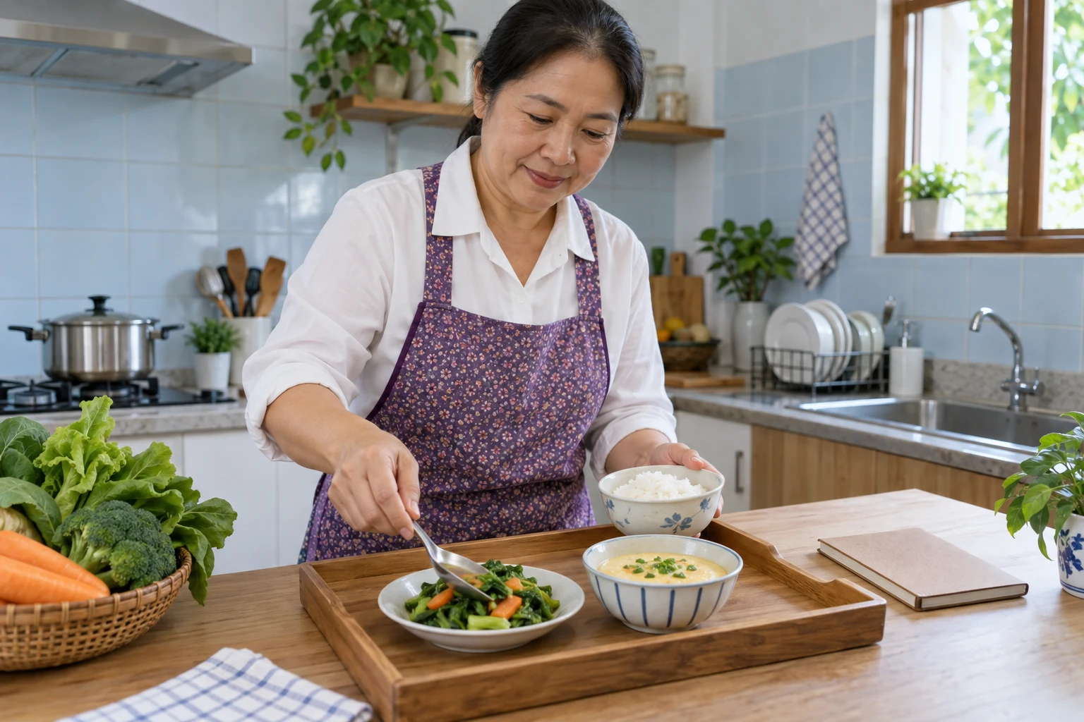 หญิงไทยจัดข้าว ไข่ตุ๋น และผักสุกลงบนถาดอาหารในครัว