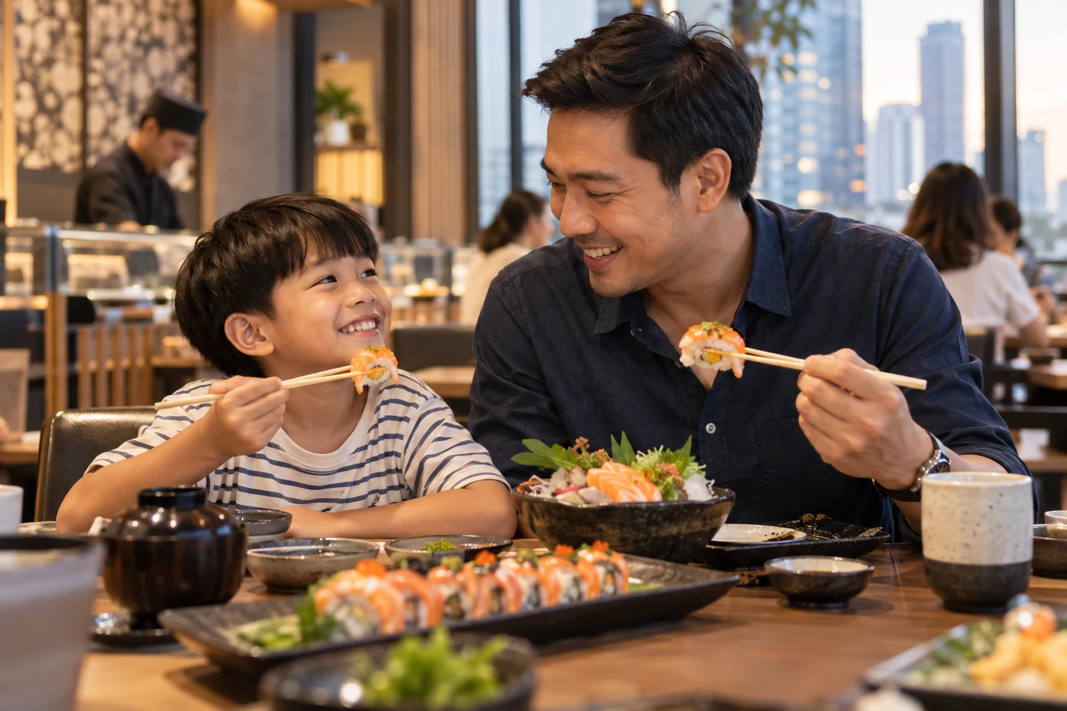 พ่อกับลูกชายรับประทานอาหารญี่ปุ่นและพูดคุยกันที่โต๊ะอาหาร