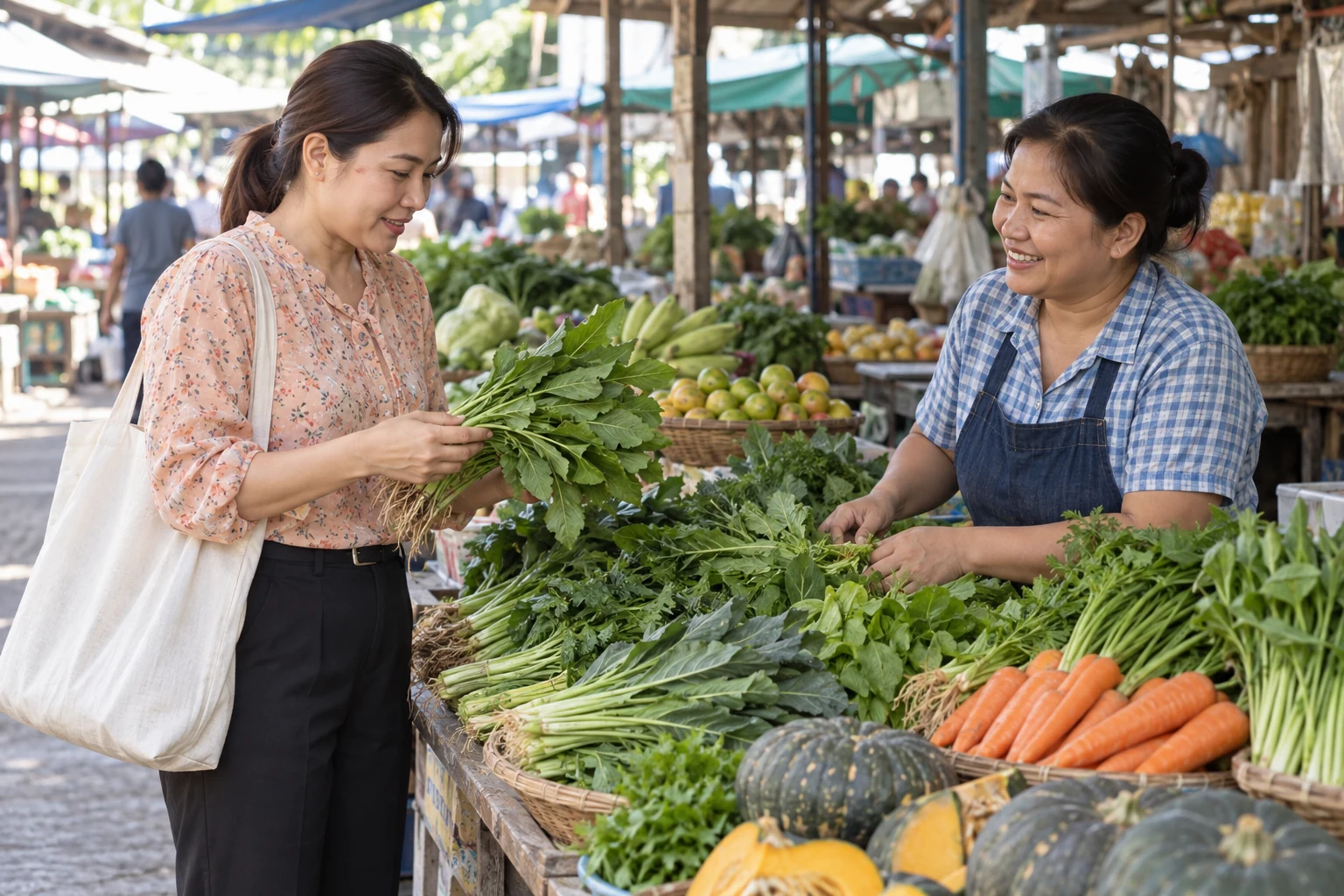 หญิงไทยเลือกผักใบเขียวและพูดคุยกับแม่ค้าที่แผงผักในตลาด