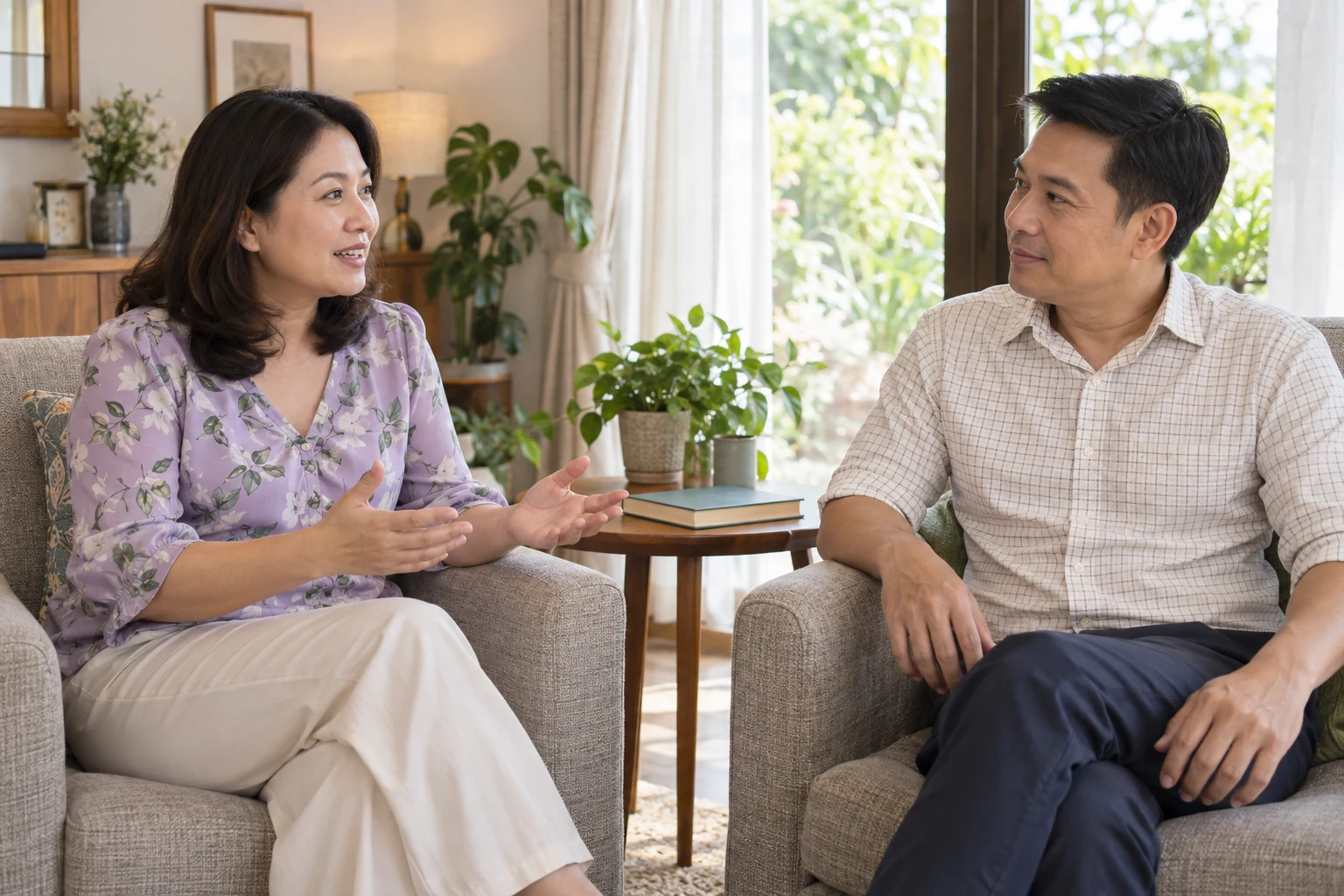หญิงและชายไทยนั่งคนละเก้าอี้ พูดคุยและรับฟังกันในห้องนั่งเล่น