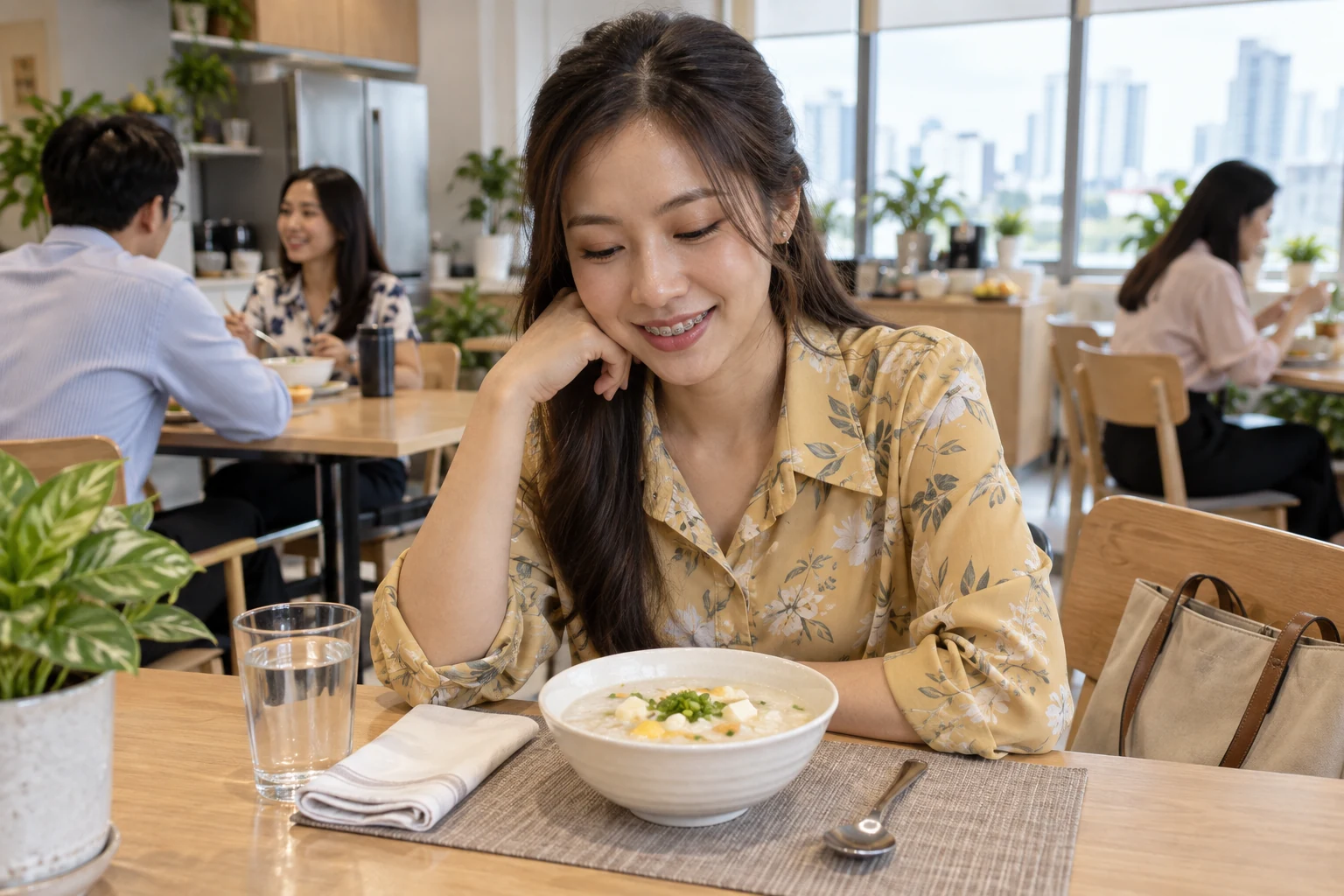 หญิงไทยที่ใส่เครื่องมือจัดฟันนั่งหน้าชามโจ๊กในพื้นที่พักรับประทานอาหาร