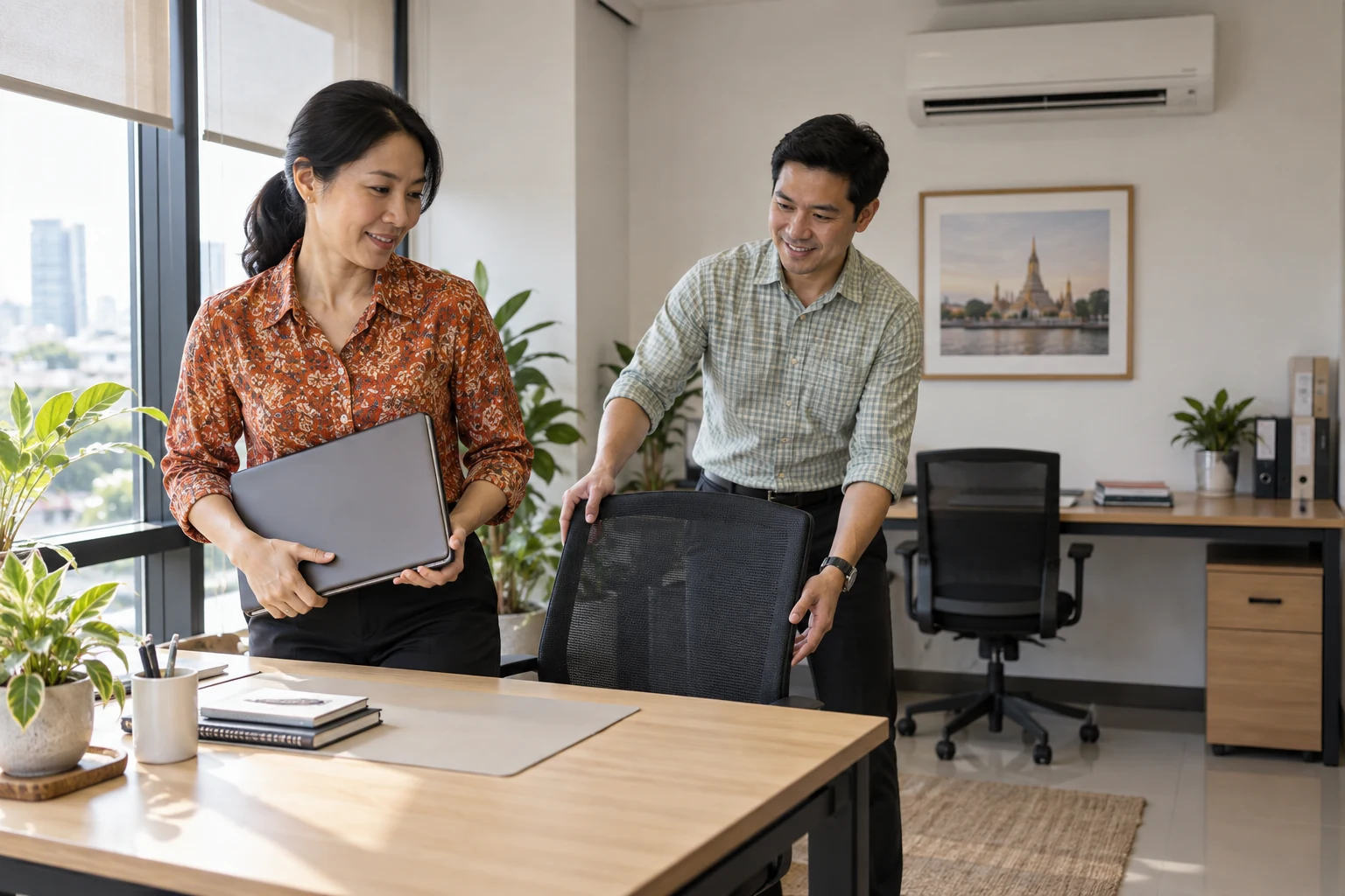 A Thai office worker carries a closed laptop to another desk while a colleague moves a chair.