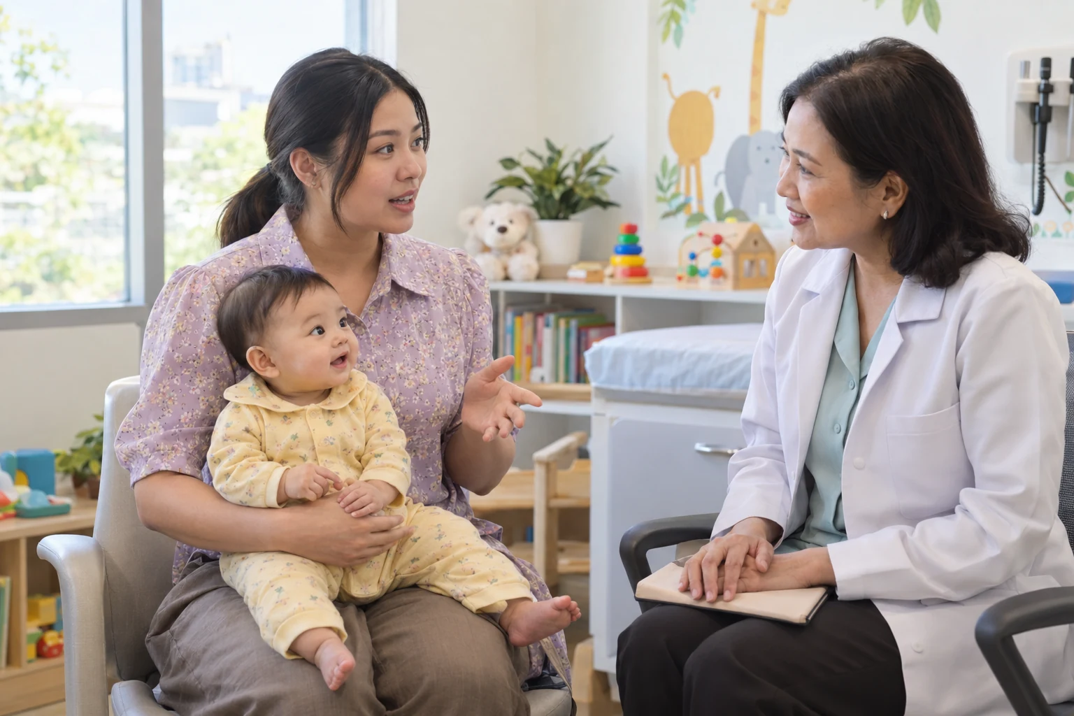 แม่อุ้มลูกนั่งบนตักและพูดคุยกับแพทย์ในห้องให้คำปรึกษาเด็ก