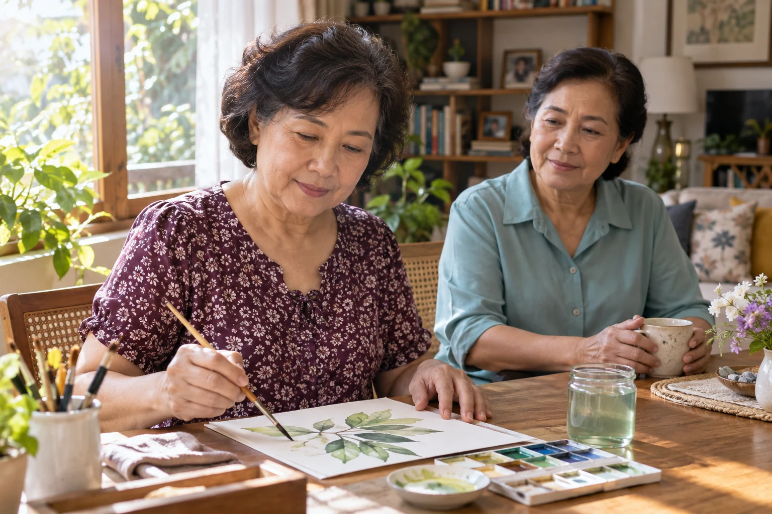 หญิงไทยนั่งวาดภาพสีน้ำริมหน้าต่าง โดยมีคนในครอบครัวนั่งเป็นเพื่อนใกล้ ๆ