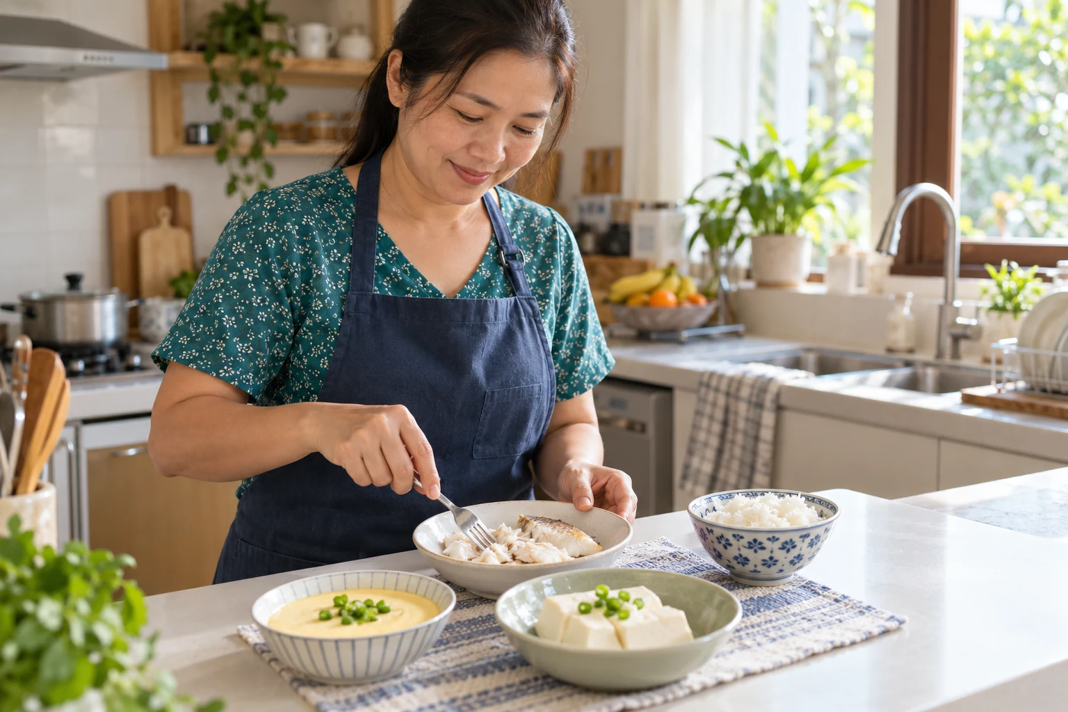 ผู้ดูแลใช้ส้อมแบ่งเนื้อปลาสุกให้นุ่ม โดยมีไข่ตุ๋น เต้าหู้สุก และข้าวนุ่มเตรียมไว้